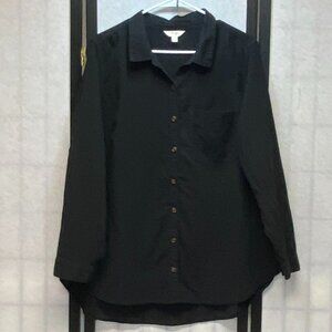 Terra & Sky Collared Relaxed Button Front Long Sleeve Gauze Tunic Shirt Black 1X